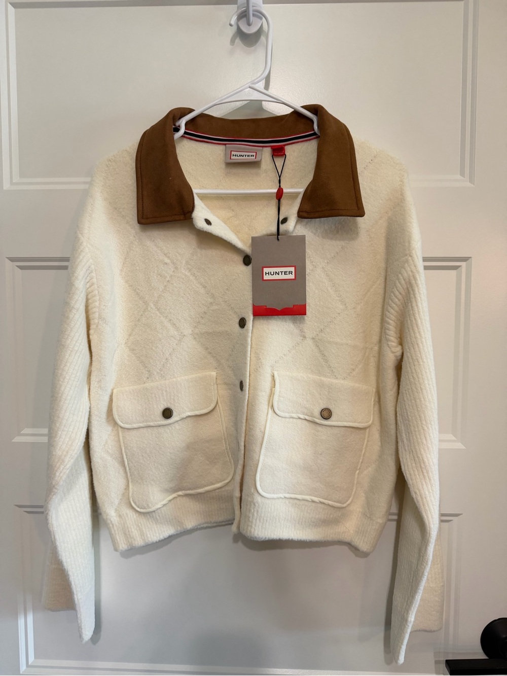 Women’s Hunter Cream Knit Button-Down with Brown Collar - Picture 1 of 4